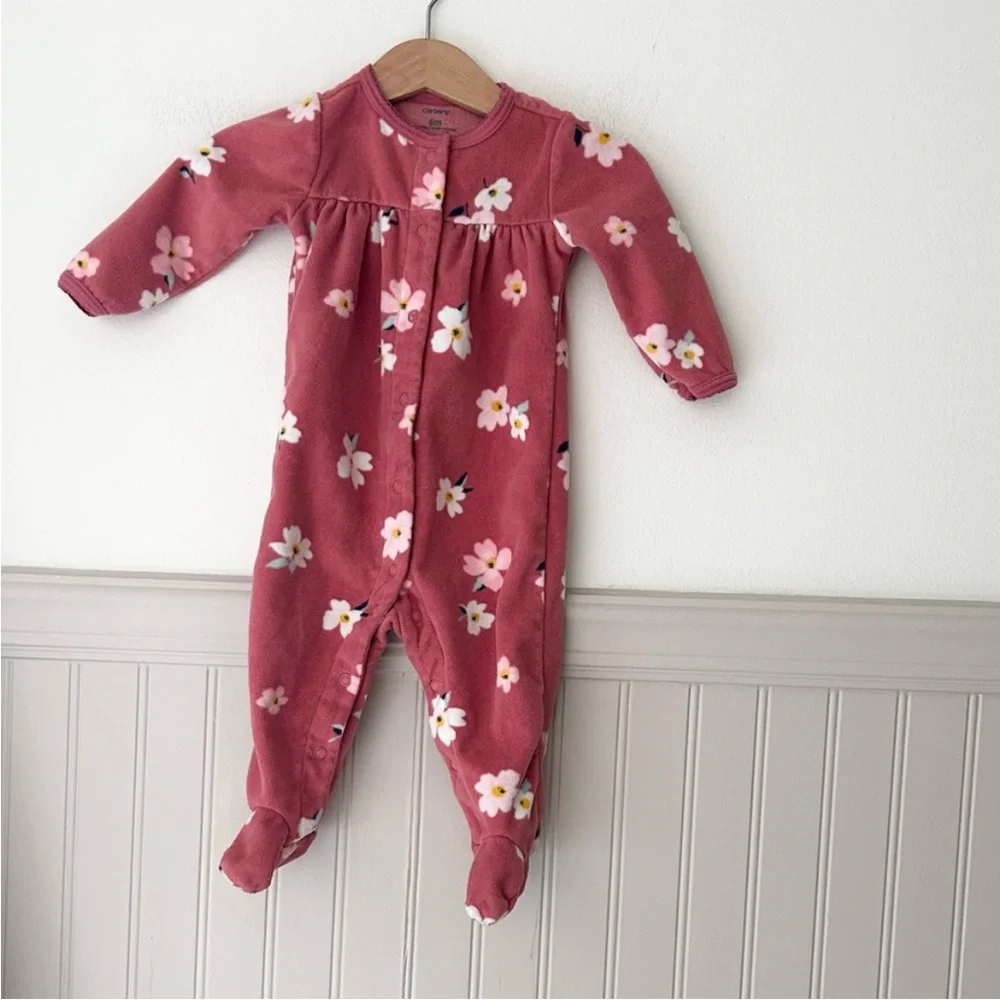 Carter's Cozy Fleece Pink Floral Footed One Piece 6 Months